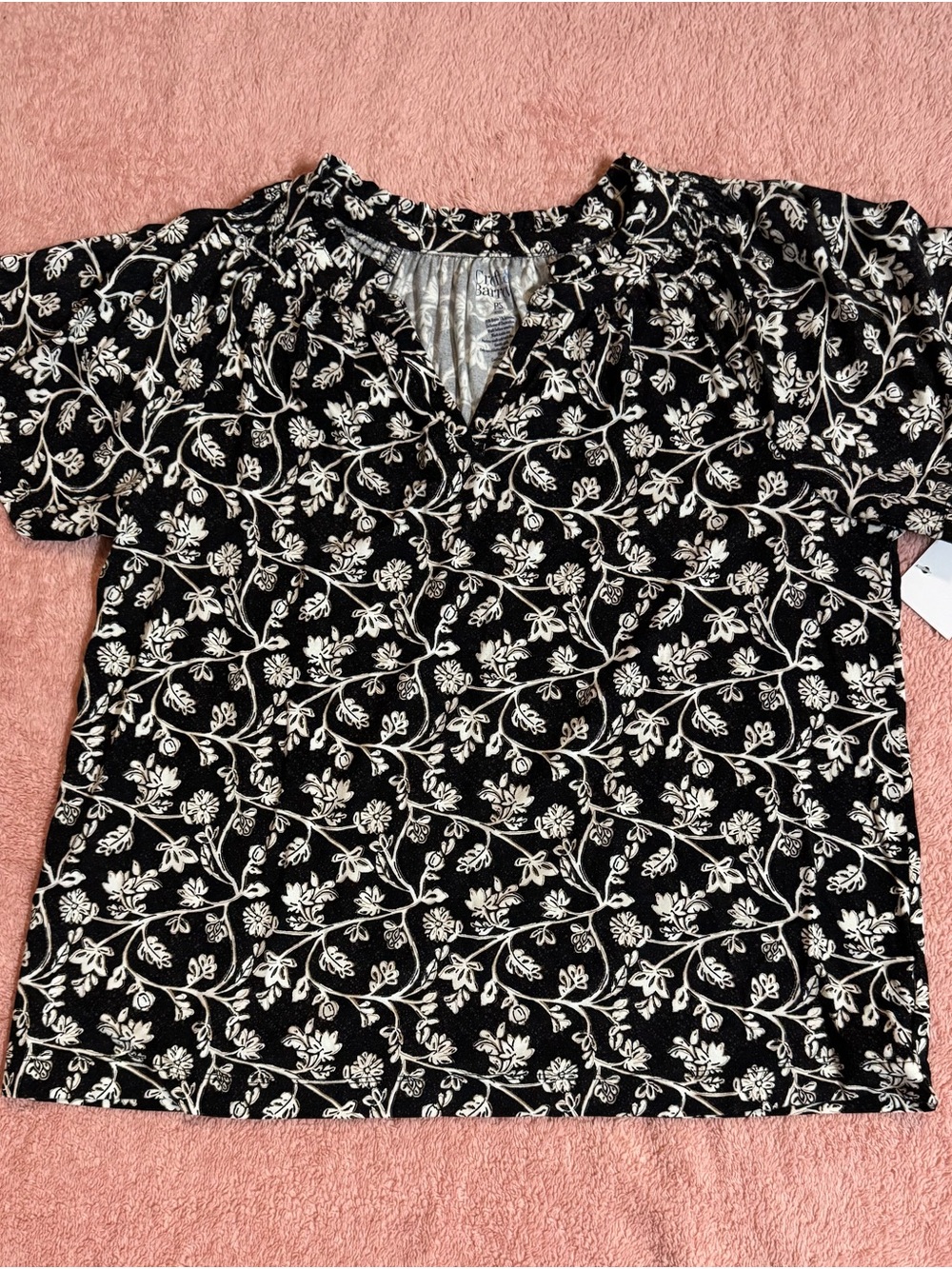 Draper James Black Floral Split-Neck Blouse